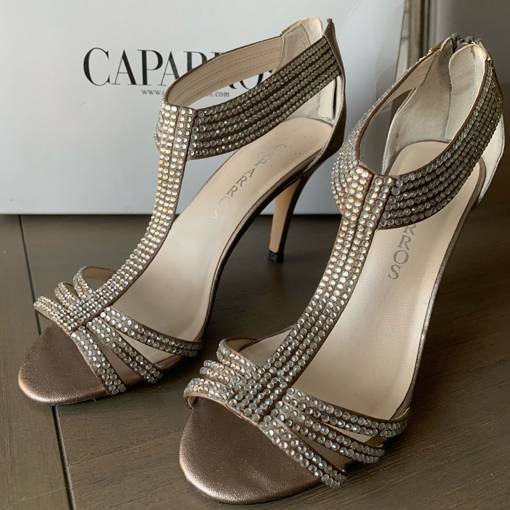 Caparros Crystal Embellished T-Strap Heel Taupe
